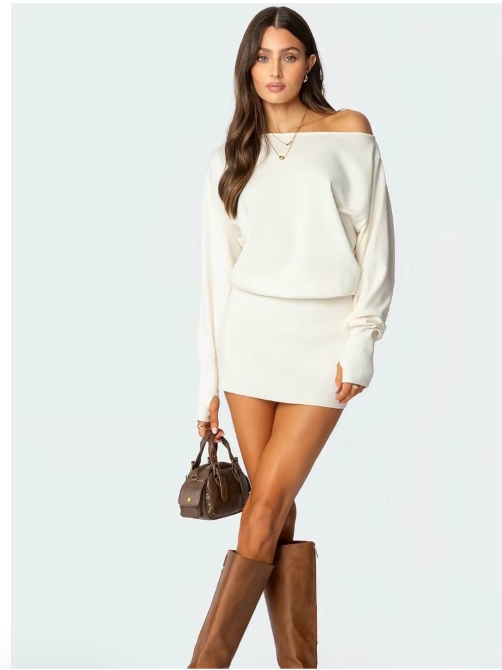 Edikted Off-Shoulder Cream Sweater Mini Dress